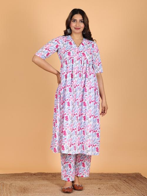 women floral ve neck kurta pant set - 21521820 - Very Small Image - 1