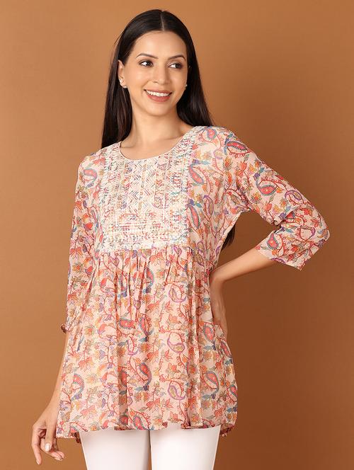 women peach paisley printed flared kurti - 21522881 - Very Small Image - 1