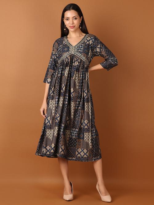 women blue printed flared ethnic dress - 21522918 - Very Small Image - 1