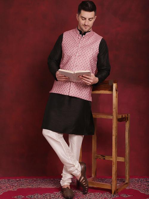 men mandarin neck silk kurta pyjama with jacket ethnic wear set - 21524904 - Very Small Image - 1