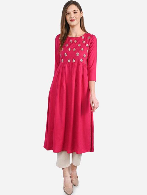 women pink three quarter sleeves flared kurta - 21525941 - Very Small Image - 1
