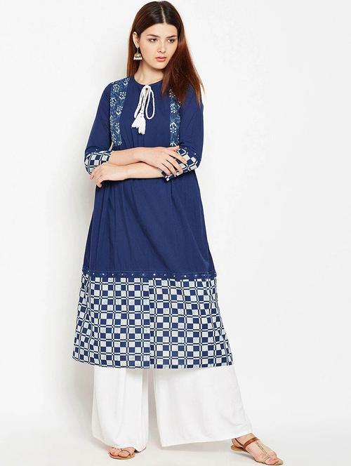 women placement print tie-up neck a-line kurta - 21525962 - Very Small Image - 1