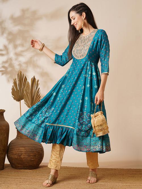globus women turquoise blue floral embroidered & gotta lace yoke foil printed tassel back tie-up panelled anarkali kurta - 21531827 - Very Small Image - 1