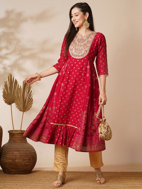 globus women red floral embroidered & gotta lace yoke foil printed tassel tie-up back panelled anarkali kurta - 21531828 - Very Small Image - 1