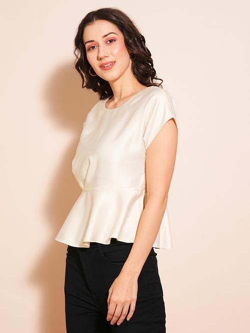 globus women white round neck short sleeve satin peplum top - 21531842 - Very Small Image - 1
