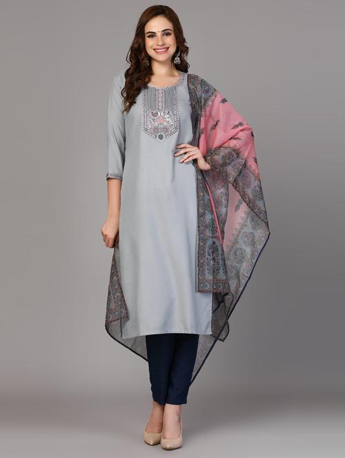 women solid round neck kurta pant set - 21533337 - Very Small Image - 1