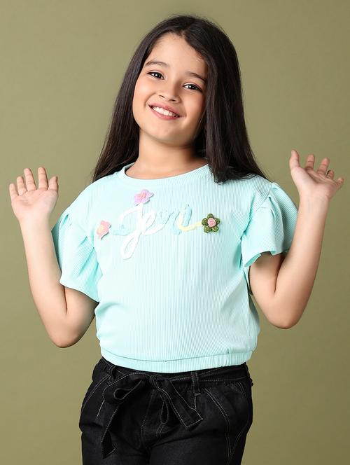 girls solid with work round neck top - 21533966 - Very Small Image - 1