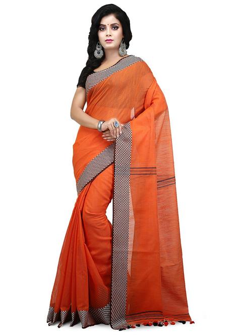 orange solid with bordered handloom saree - 21536968 - Very Small Image - 1