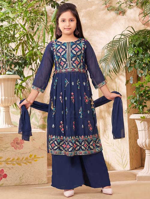 girls embroidered round neck suit set - 21538301 - Very Small Image - 1