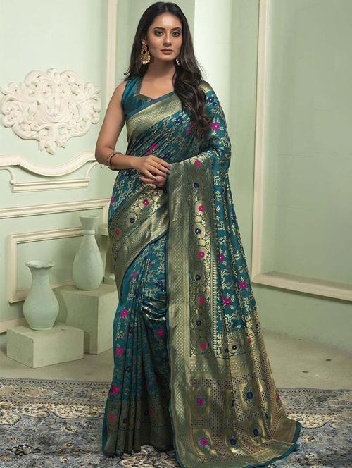 teal silk banarasi saree - 21541942 - Very Small Image - 1