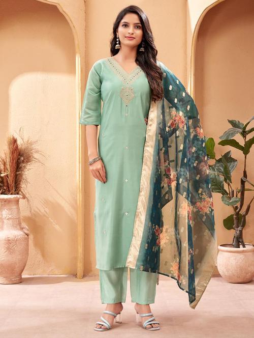 women v neck kurta pant set with dupatta - 21542050 - Very Small Image - 1