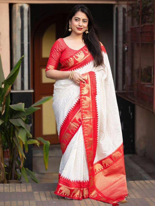 women self design contrast border jacquard work saree with blouse - 21546471 - Very Small Image - 1
