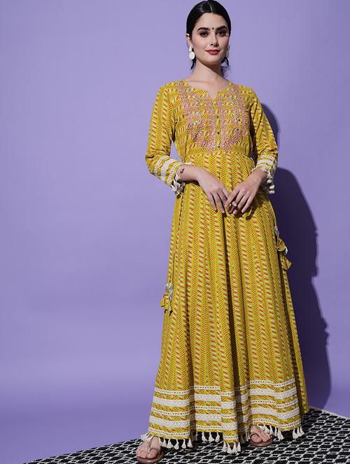 women mustard printed anarkali kurta - 21549924 - Very Small Image - 1