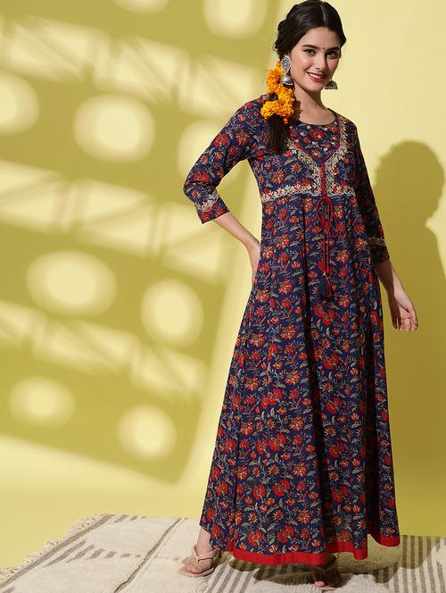 women navy blue floral printed anarkali kurta - 21549948 - Very Small Image - 1