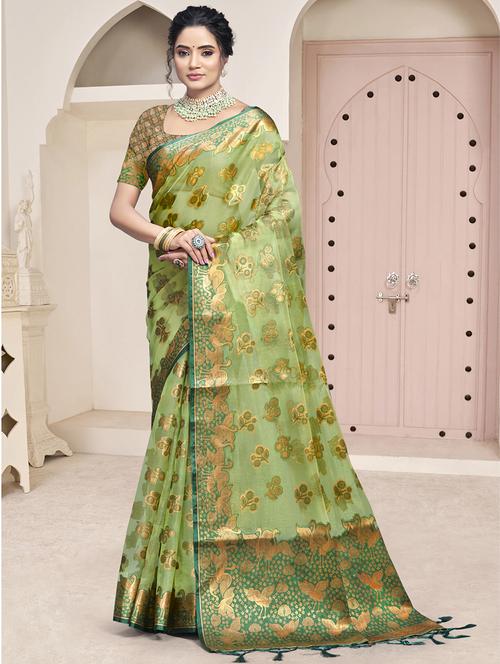 green organza handloom saree with blouse - 21551399 - Very Small Image - 1