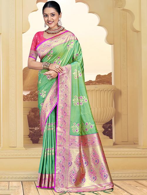 green silk handloom saree - 21551403 - Very Small Image - 1