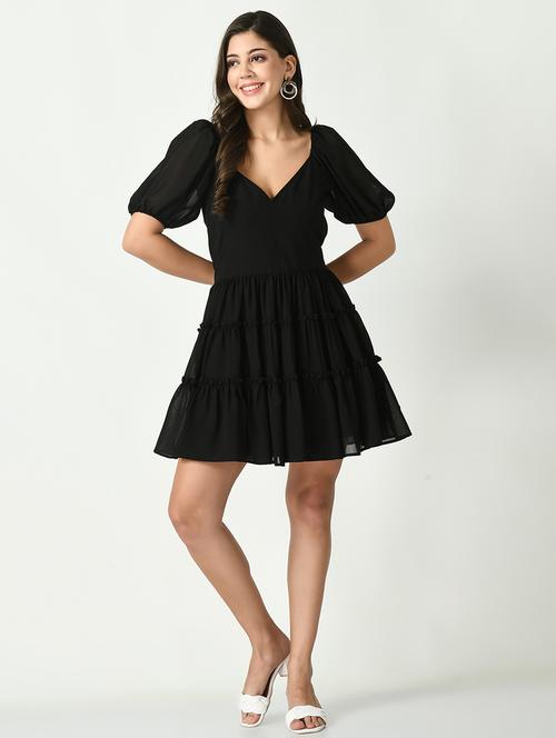women solid puff sleeve tiered dress - 21552583 - Very Small Image - 1