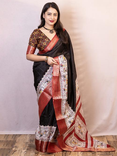 women black checks zari bordered saree - 21554302 - Very Small Image - 1