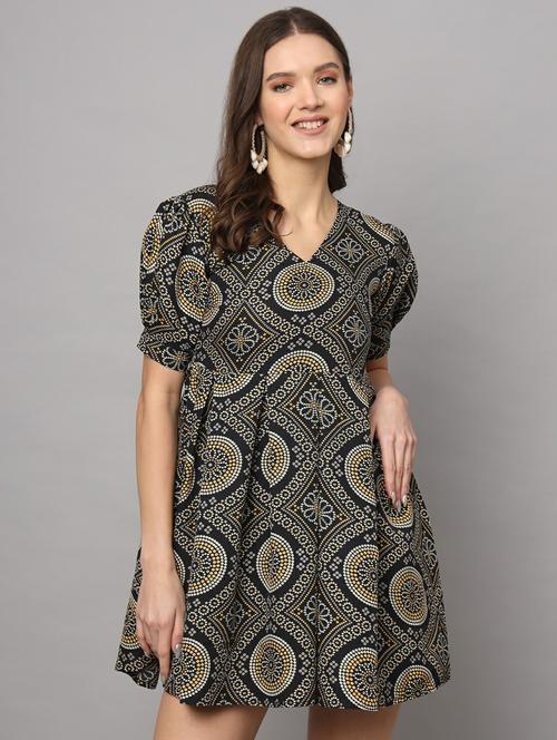 women printed puff sleeves fit & flare dress - 21556984 - Very Small Image - 1