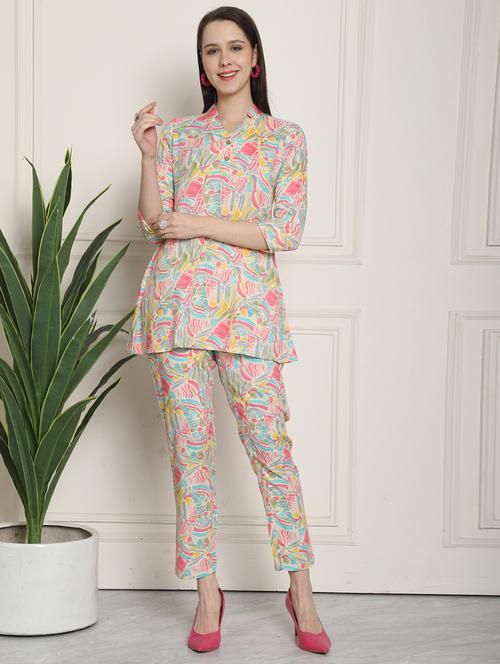 women printed mandarin neck co-ord sets - 21557483 - Very Small Image - 1