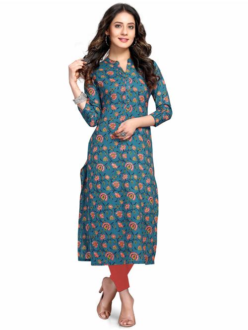 women blue floral printed straight kurta - 21557696 - Very Small Image - 1