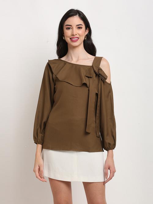 women brown solid asymmetric neck top - 21558668 - Very Small Image - 1