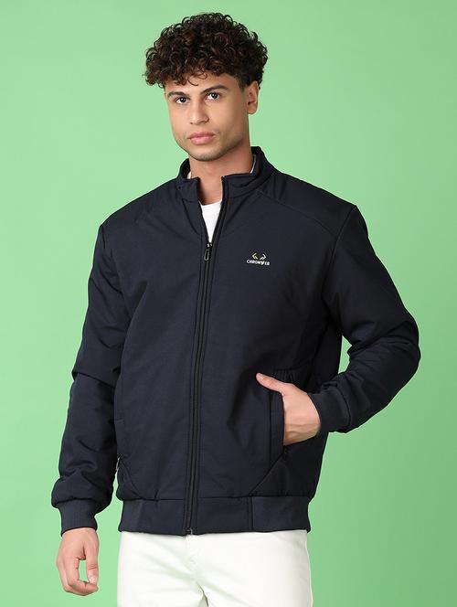 men navy blue solid long sleeve bomber jacket - 21558872 - Very Small Image - 1