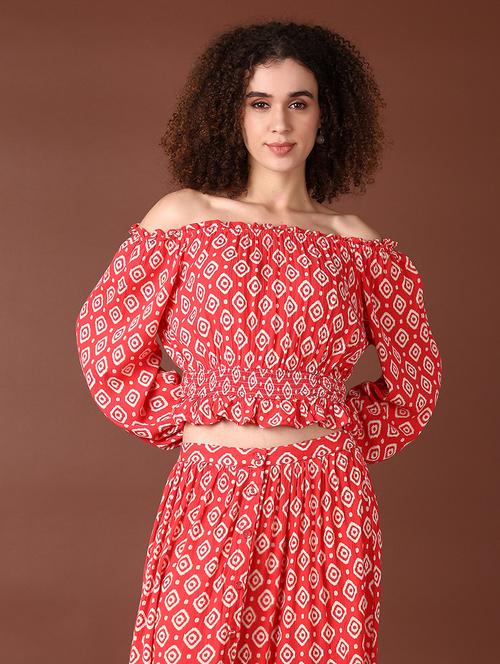 women red printed puff sleeve crop top - 21561307 - Very Small Image - 1