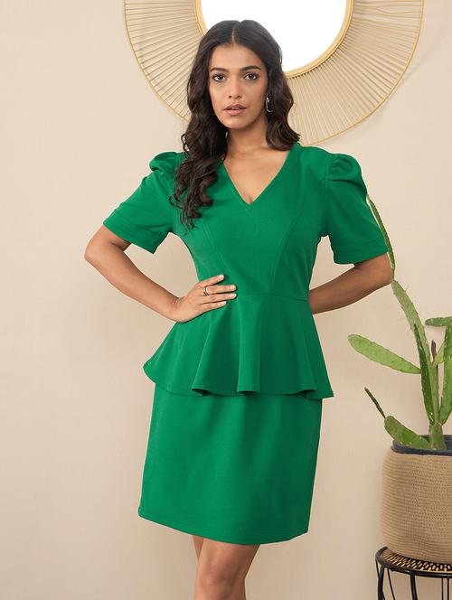 women solid puff sleeves peplum dress - 21561678 - Very Small Image - 1