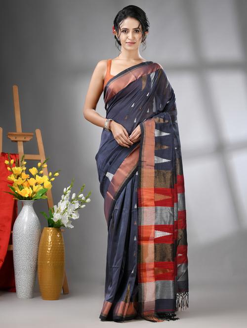 grey cotton handloom saree - 21562066 - Very Small Image - 1