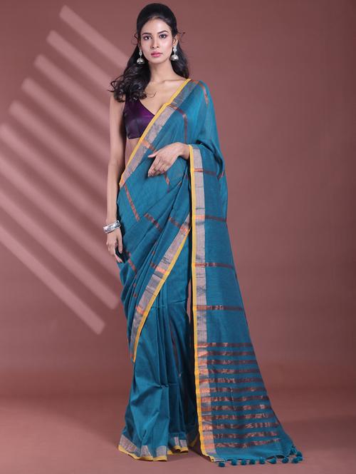 teal cotton handloom saree with blouse - 21562168 - Very Small Image - 1
