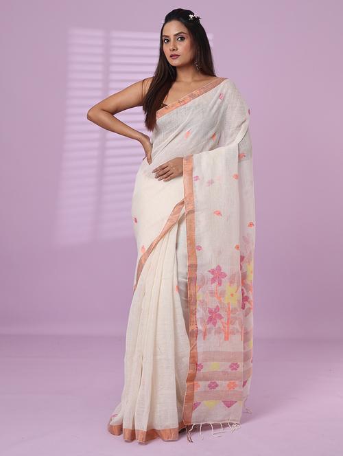 off white linen handloom saree - 21562234 - Very Small Image - 1