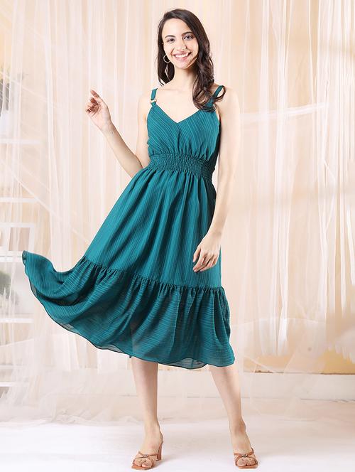 women teal self-designed fit & flare dress - 21565295 - Very Small Image - 1