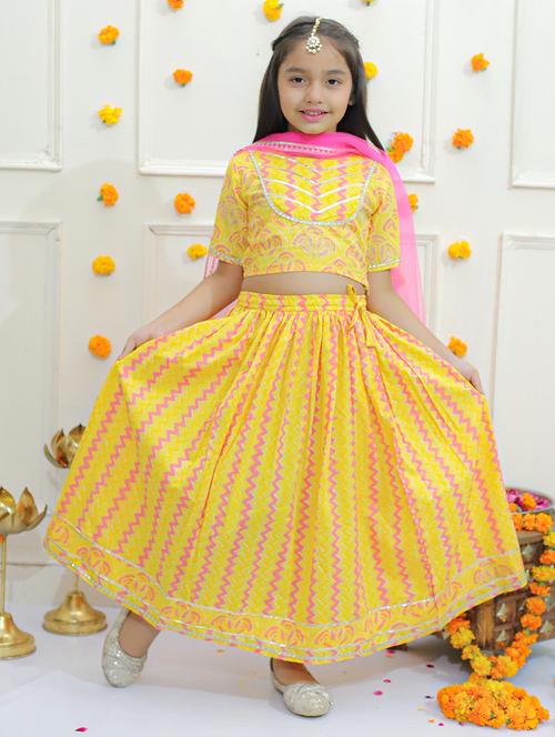 girls yellow printed lehenga choli with dupatta - 21565649 - Very Small Image - 1