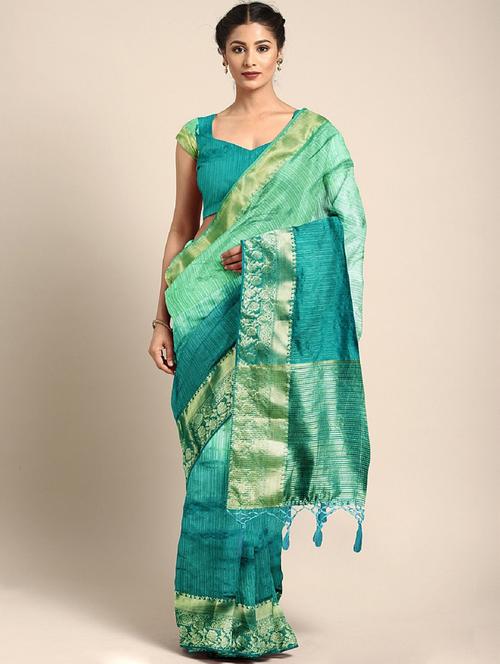women turquoise solid zari bordered saree - 21565977 - Very Small Image - 1