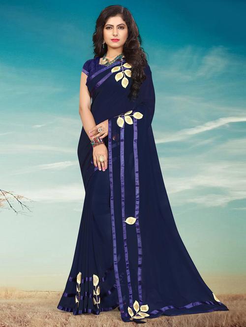 women navy blue embellished georgette saree - 21565992 - Very Small Image - 1