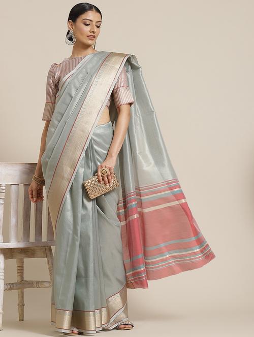 women grey solid zari bordered saree - 21566282 - Very Small Image - 1