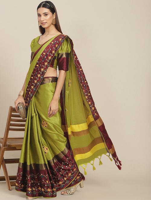 women olive embroidered saree - 21566303 - Very Small Image - 1