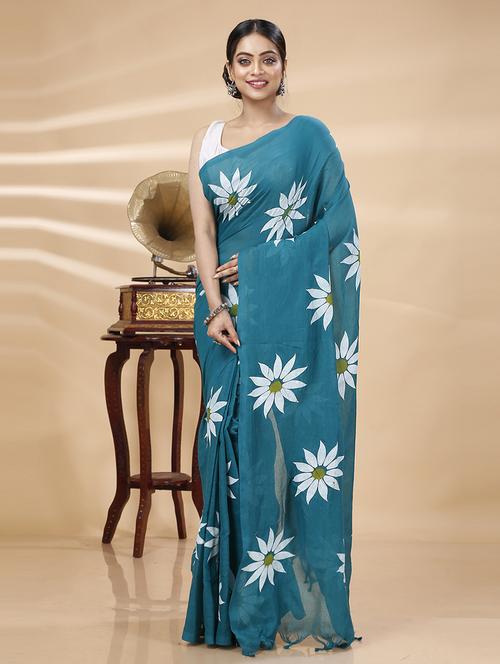 women teal floral handloom saree - 21566591 - Very Small Image - 1