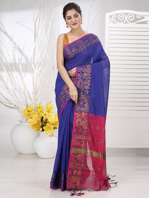 women blue handloom saree - 21566627 - Very Small Image - 1