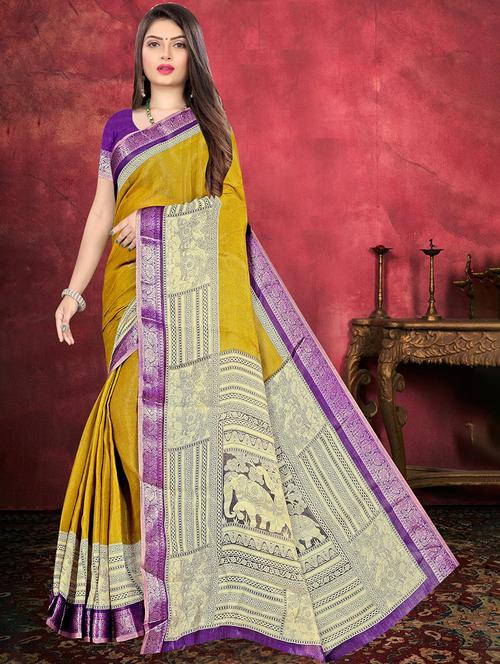 women gold solid bordered saree - 21567459 - Very Small Image - 1