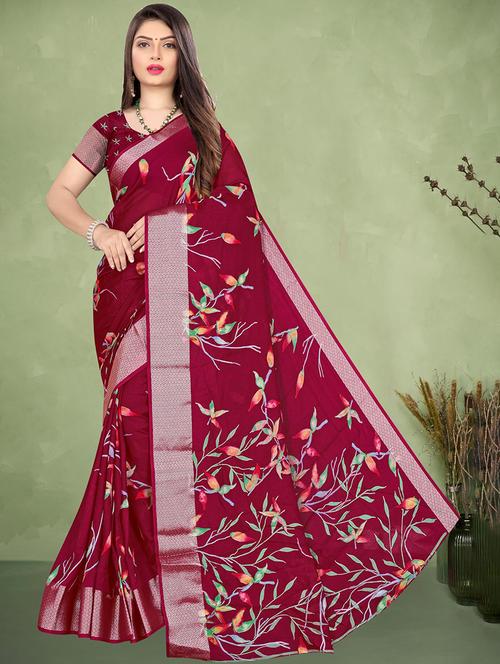 women maroon floral printed saree - 21567520 - Very Small Image - 1
