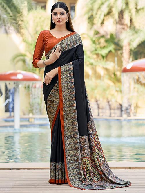 women black solid printed bordered saree - 21567783 - Very Small Image - 1