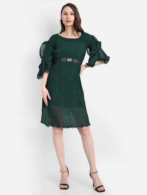 women green solid round neck a-line dress - 21568386 - Very Small Image - 1