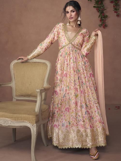 women pink floral printed long sleeve anarkali kurta - 21571956 - Very Small Image - 1