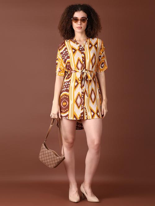 women yellow printed short sleeve a-line dress - 21572216 - Very Small Image - 1