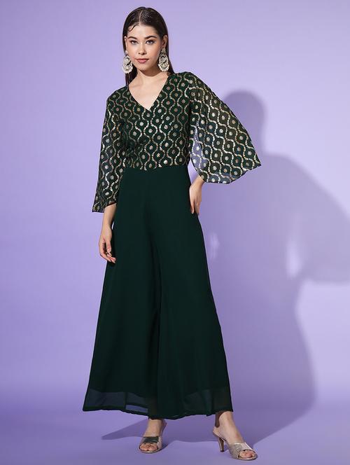 women v-neck printed full leg jumpsuit - 21574261 - Very Small Image - 1