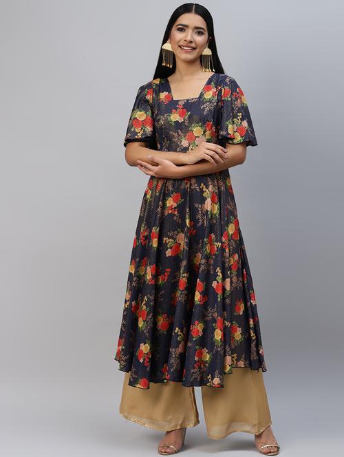 women blue floral square neck flared kurta - 21574693 - Very Small Image - 1