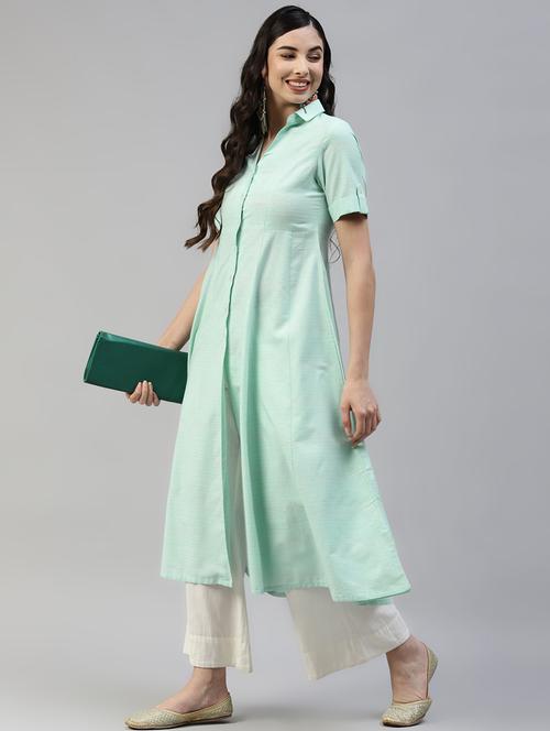 women solid shirt collar neck anarkali kurta - 21574758 - Very Small Image - 1