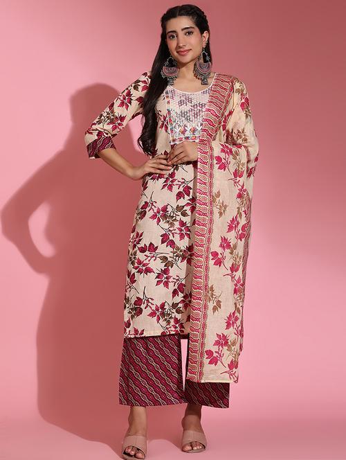 women beige kurta palazzo set with dupatta - 21574775 - Very Small Image - 1